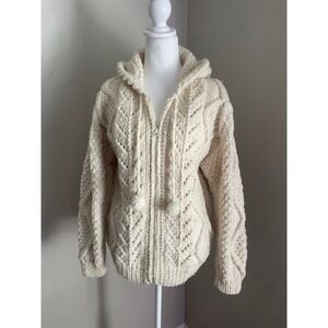 Indian Creations‎ M Wool Sweater Chunky Knit Hood Cardigan Cream Winter Handmade